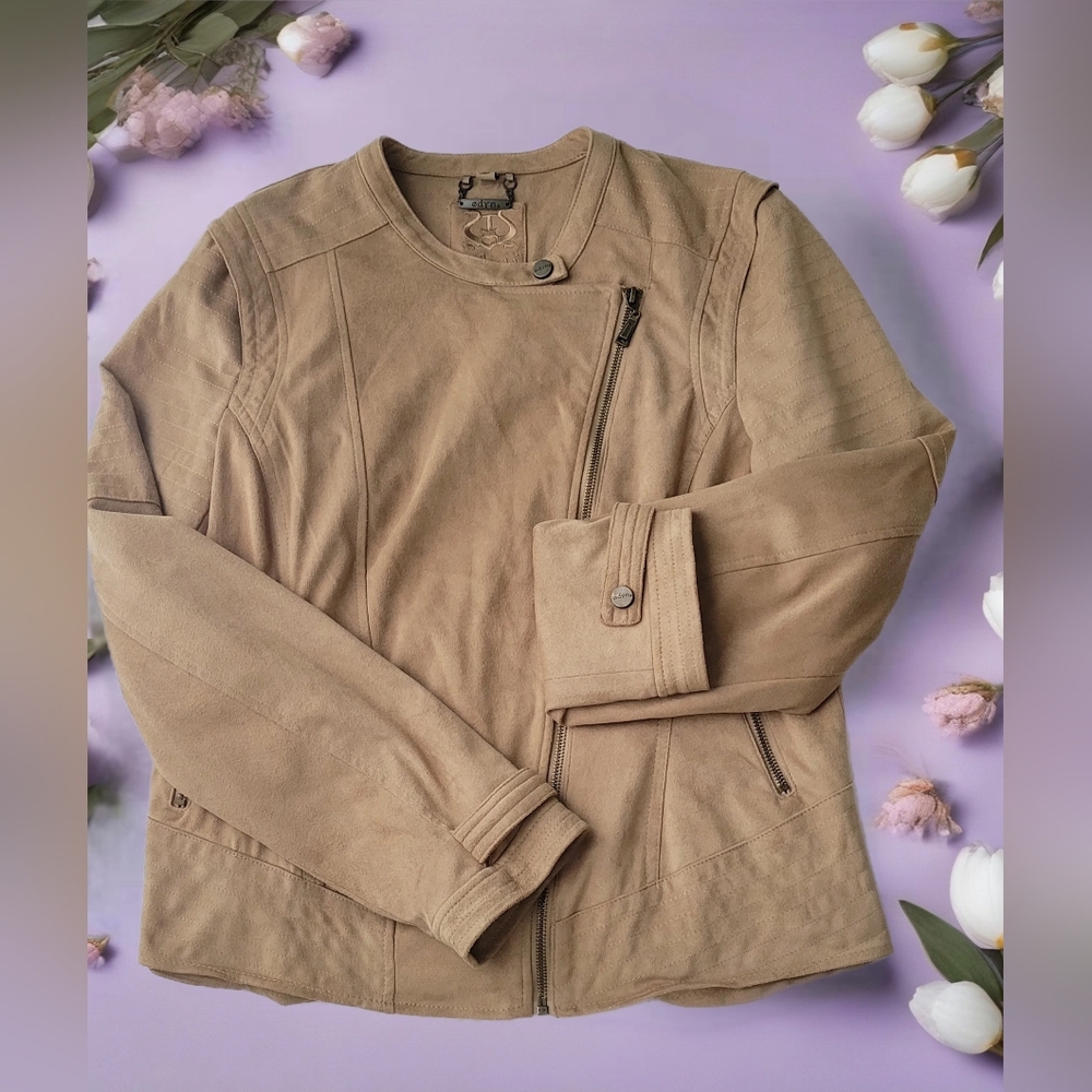 Odyn Tan Faux Suede Bomber Utility Jacket Sz L